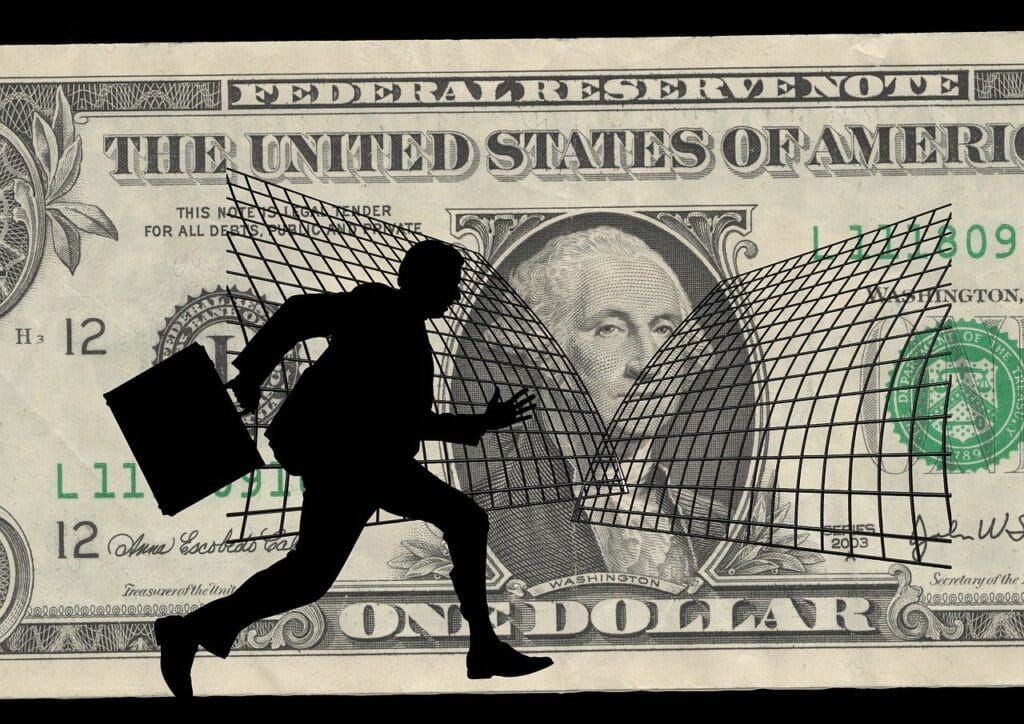 ilustração de homem correndo em frente a nota de dólar representa arcabouço fiscal